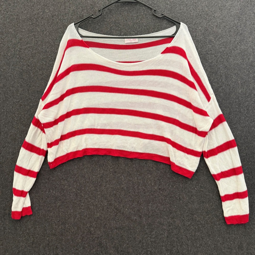 Red White Striped Cropped Sweater Womens Large Open Knit Scoop Neck L